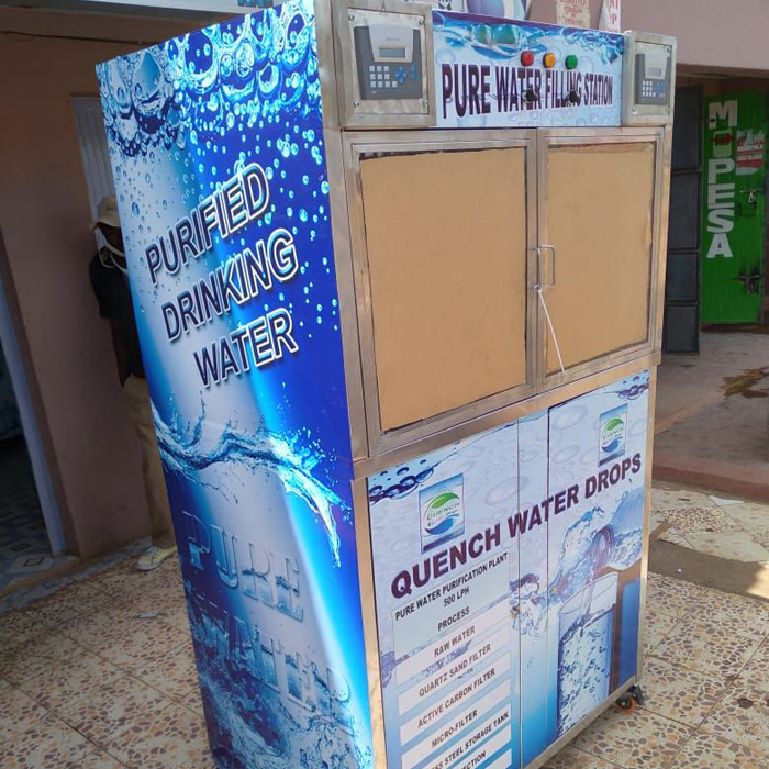 Pure Water Vending Machine Best prices in Kenya The Pure Water Vending Machine are ideal for treated water from the municipal council water or ay other source. This is water that has been chemical treated already but still has high levels of Disolved solids that need to be purified before drinking. The Trivon Trading Pure Water Vending Machine has been recognized in Kenya and East Africa as of the best quality. We do Countrywide and regional Delivery once you place an order. We are located along Thika Super Highway Road Ruiru, Kimbo opposite NIBS college. Call us /WhatsApp us: on 0790 145 145