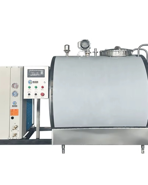 Milk Chiller 5000L is a medium-to-large capacity cooling system built for dairy cooperatives, collection centers, and large farms. This chiller rapidly cools freshly collected milk to the recommended 4°C. Rapid cooling prevents bacterial growth and preserves milk quality. The unit uses a high-efficiency refrigeration compressor and a well-designed heat exchange system to bring milk down to temperature quickly. An integrated agitator keeps milk in gentle motion. This prevents cream separation and ensures uniform temperature throughout the tank. Operators can expect consistent milk quality batch after batch. Construction uses food-grade stainless steel (SS304 or SS316). The internal finish is smooth and hygienic, making cleaning simple and effective. Thick polyurethane insulation surrounds the tank to reduce thermal loss. This improves energy efficiency and reduces running costs.